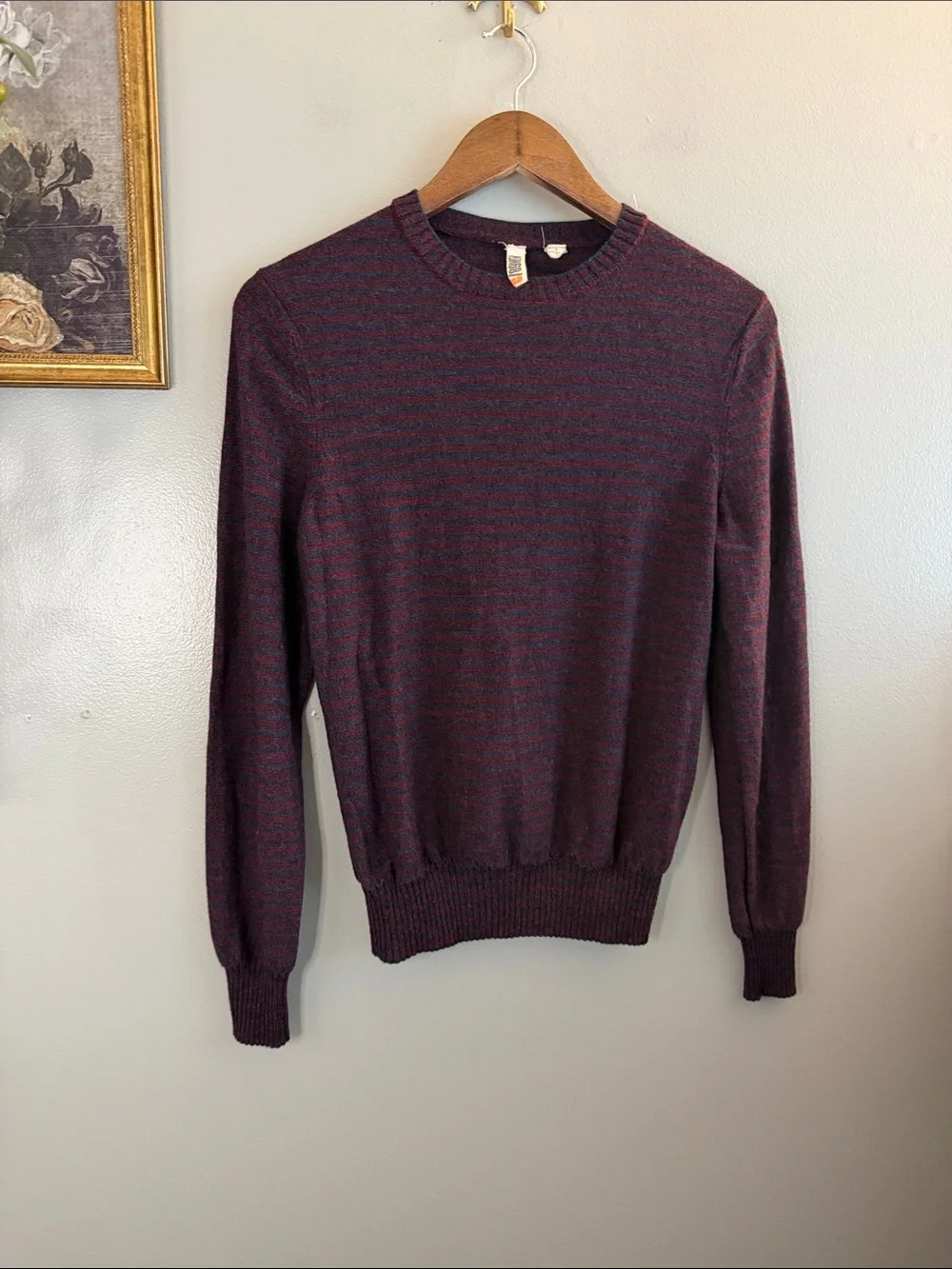 C/89Men Men’s Small 100% Merino Wool Striped Crewneck Sweater Burgundy Navy